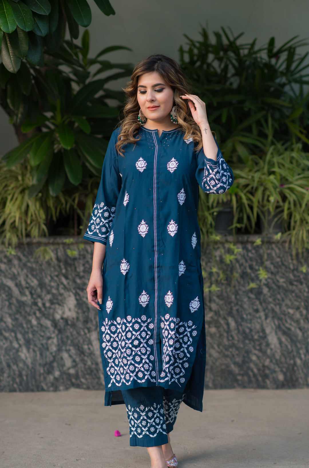 Peacock Blue Chanderi Chikankari Set -Custom Made