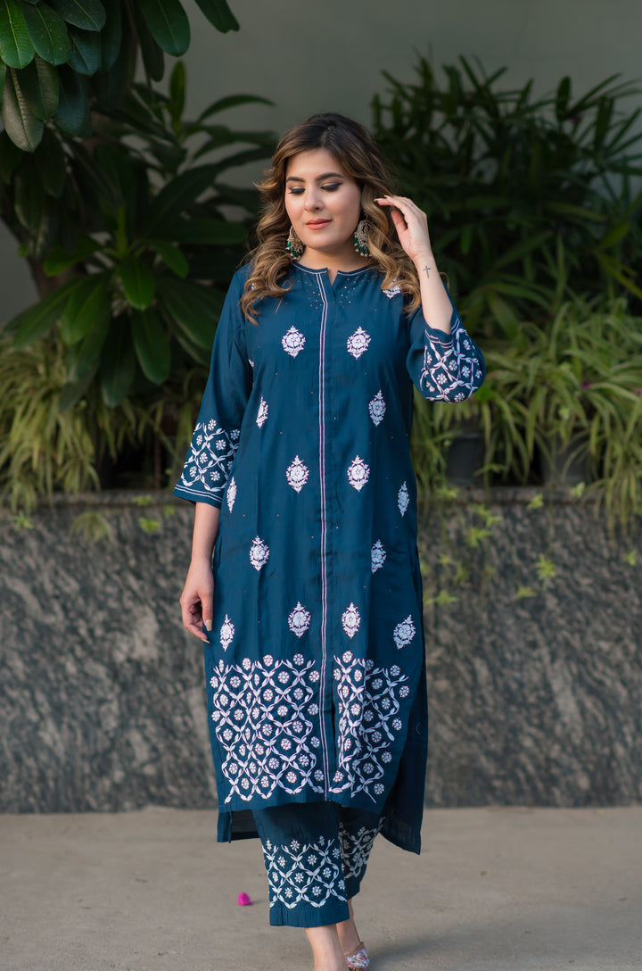 Peacock Blue Chanderi Chikankari Set -Custom Made