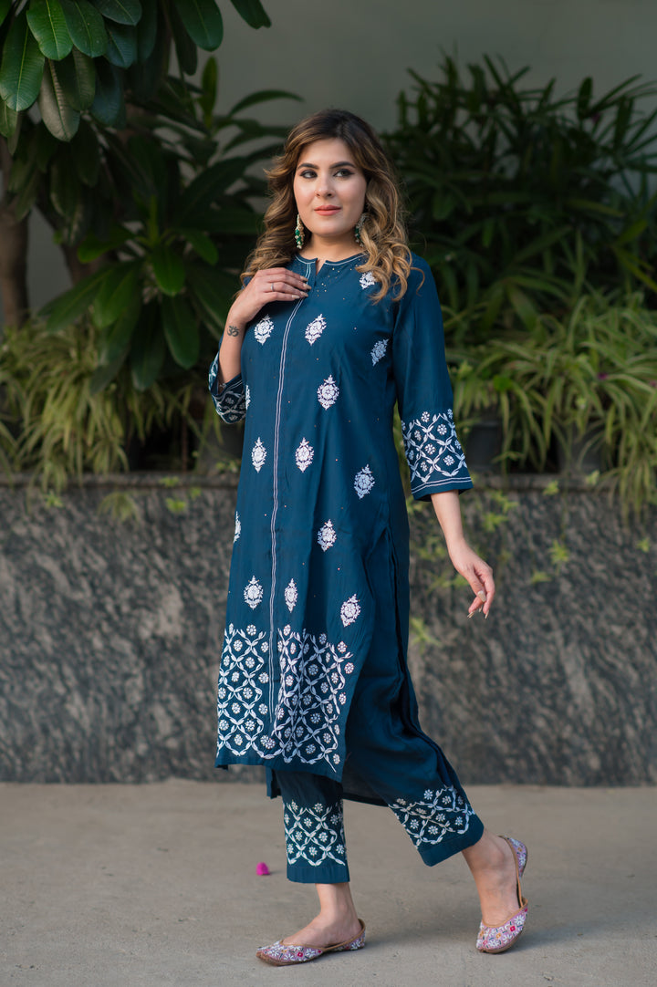 Peacock Blue Chanderi Chikankari Set -Custom Made