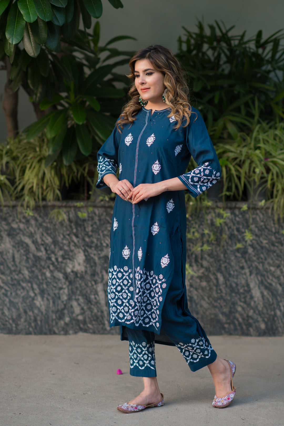 Peacock Blue Chanderi Chikankari Set -Custom Made