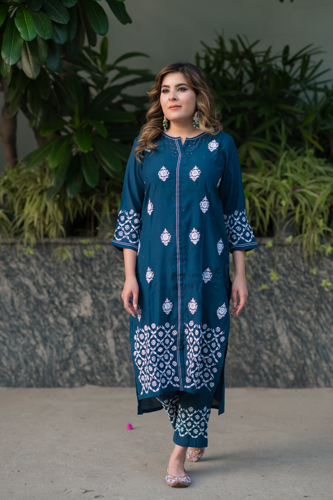 Peacock Blue Chanderi Chikankari Set -Custom Made