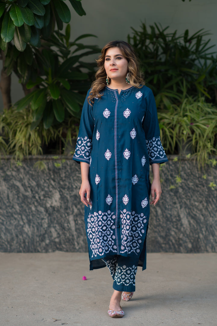 Peacock Blue Chanderi Chikankari Set -Custom Made