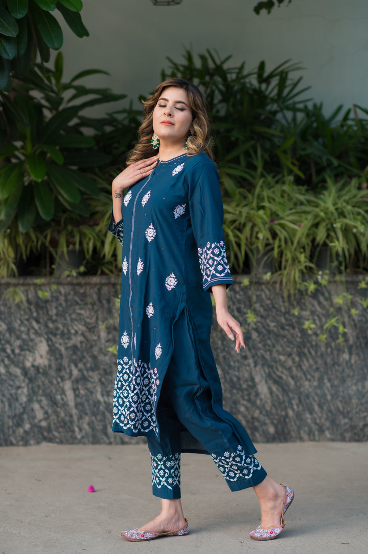 Peacock Blue Chanderi Chikankari Set -Custom Made
