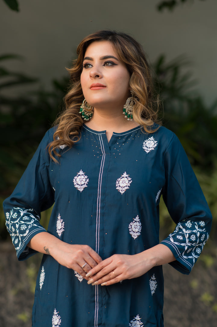 Peacock Blue Chanderi Chikankari Set -Custom Made
