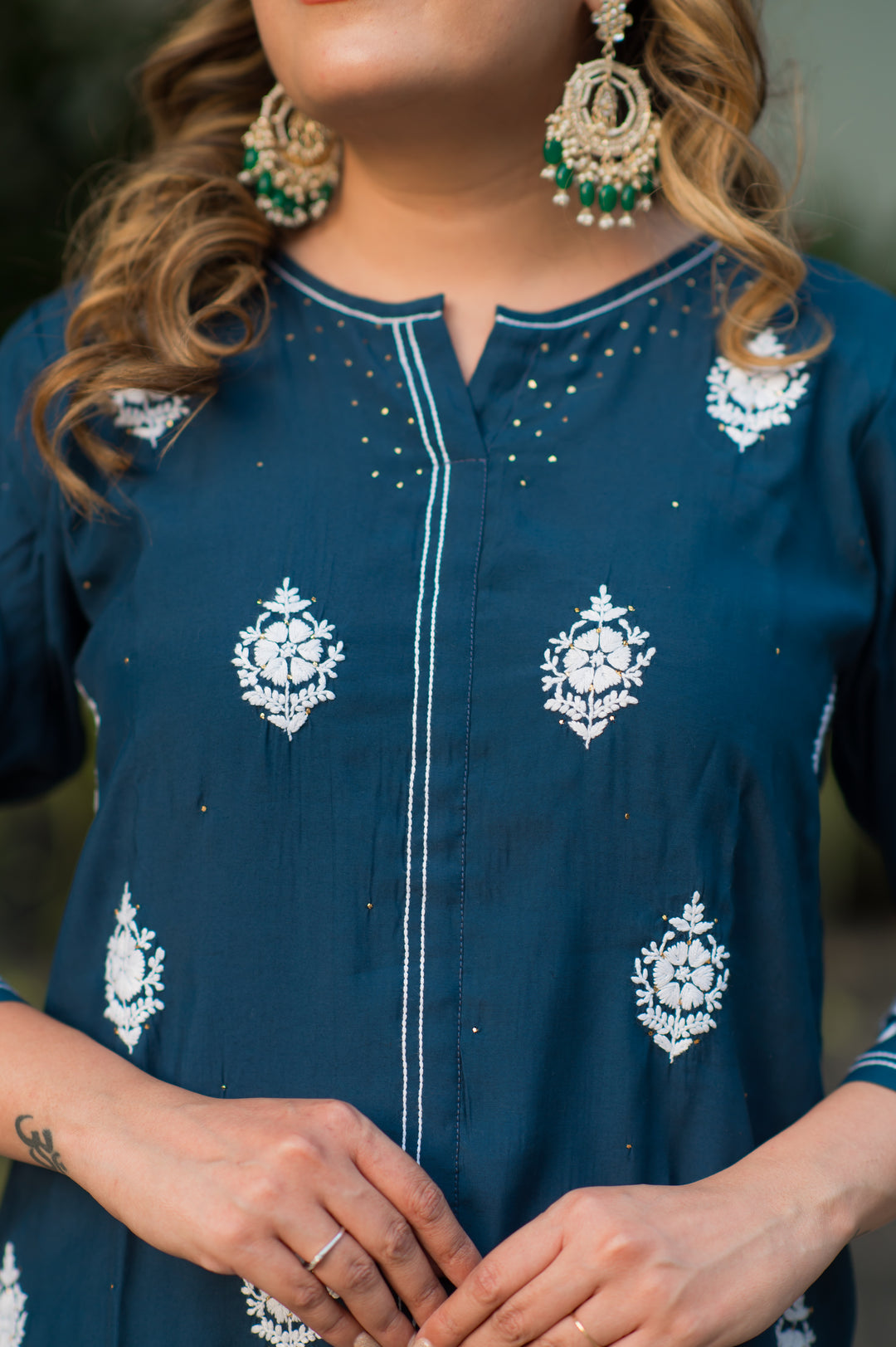 Peacock Blue Chanderi Chikankari Set -Custom Made