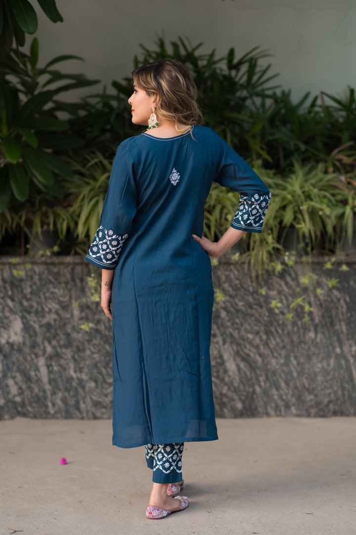 Peacock Blue Chanderi Chikankari Set -Custom Made