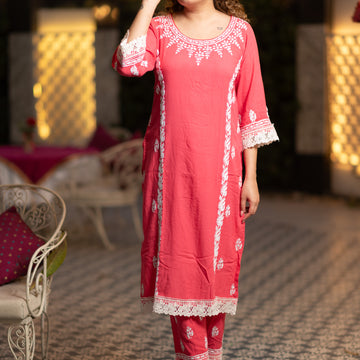 Dark Pink Reyon Chikankari Kurta