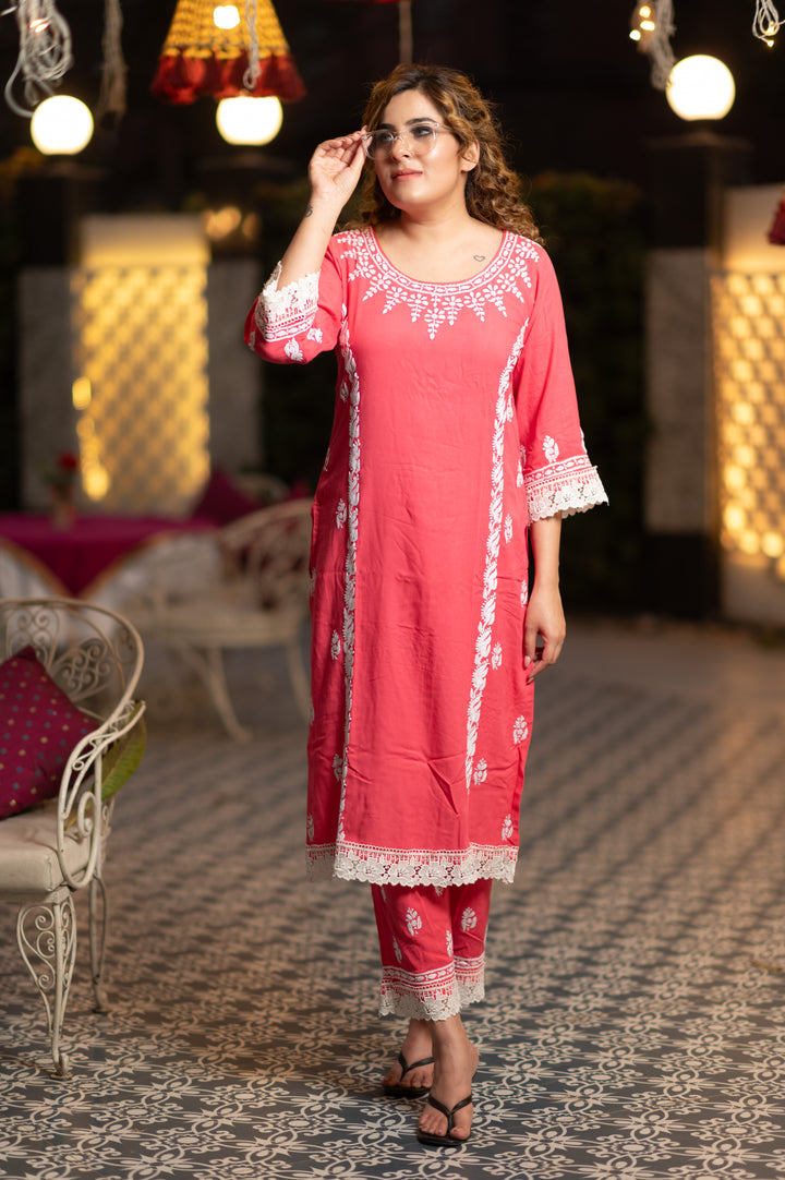 Dark Peach Rayon Chikankari Kurta With Pant Set - Custom Made