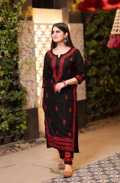 Black Rayon Chikankari Kurta Pant Set