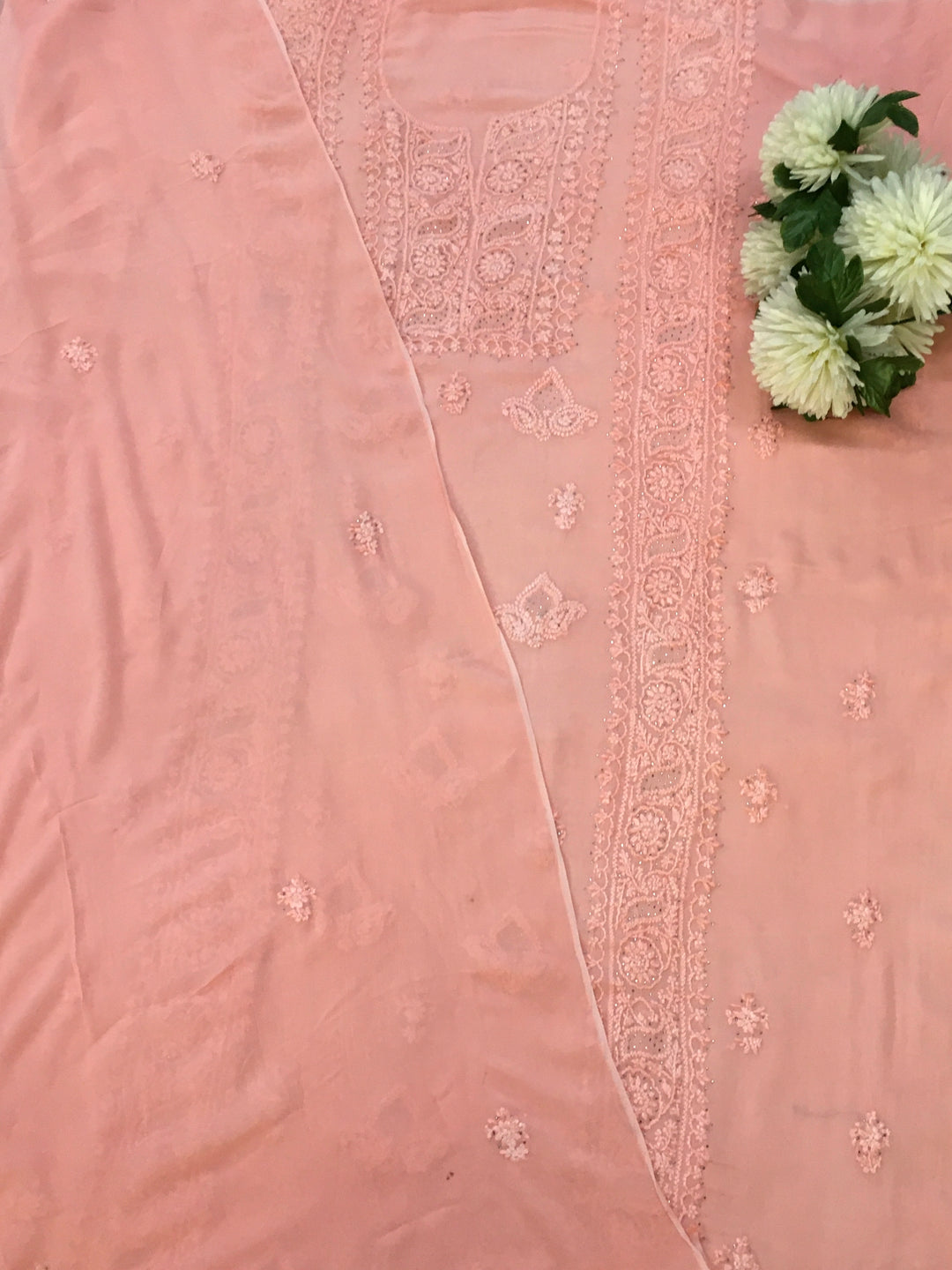 Peach Georgette Chikankari Kurta Duppata set
