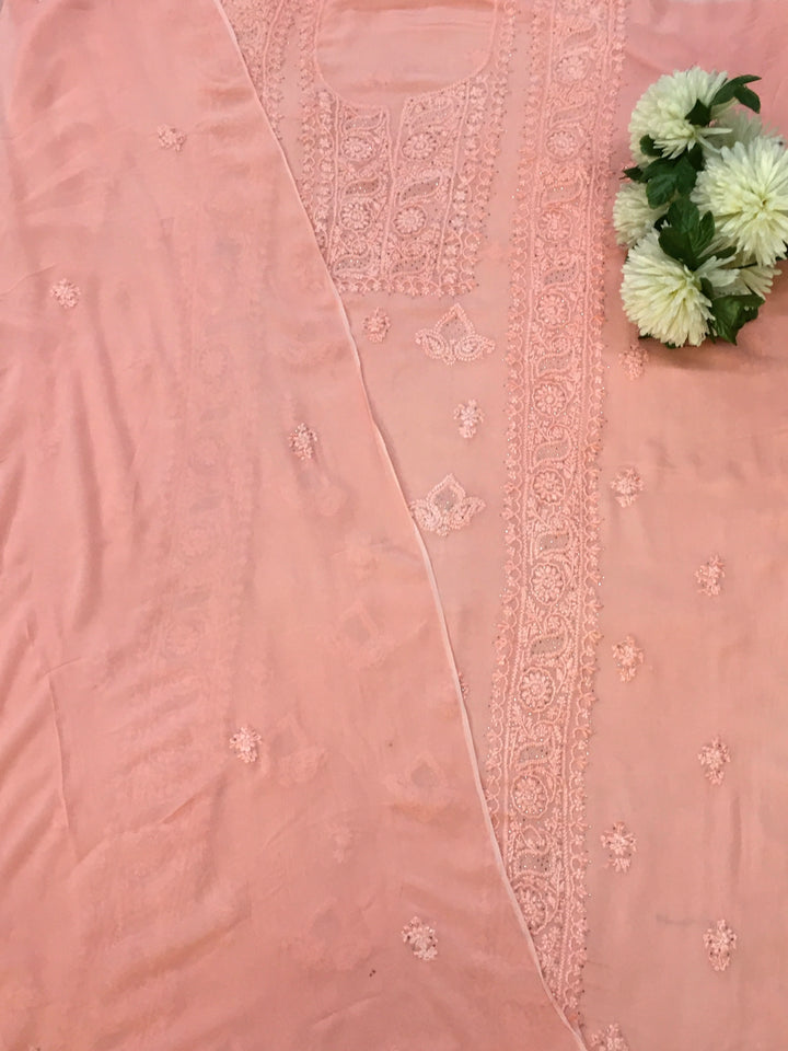 Peach Georgette Chikankari Kurta Duppata set