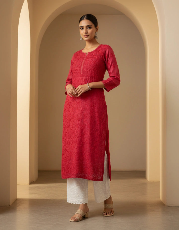 Maroon Silk Chikankari kurta