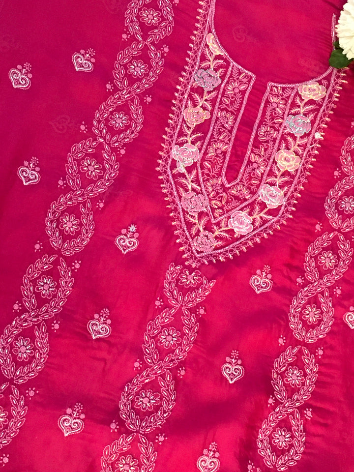 Magenta pink Georgette Chikankari Kurta Dupatta Fabric - Custom made