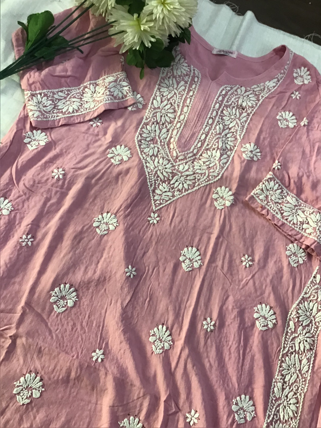 Pink Rayon Chikankari kurta pant set