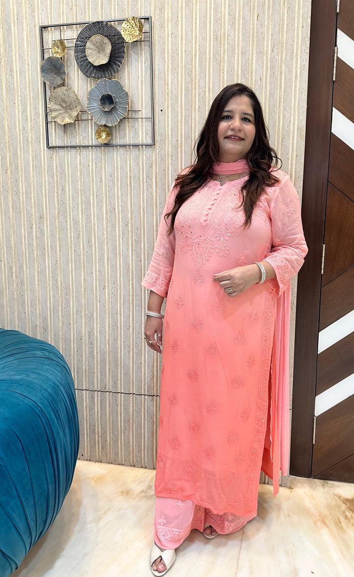 Peach ombre Chikankari Georgette Suit Set-Custom Made