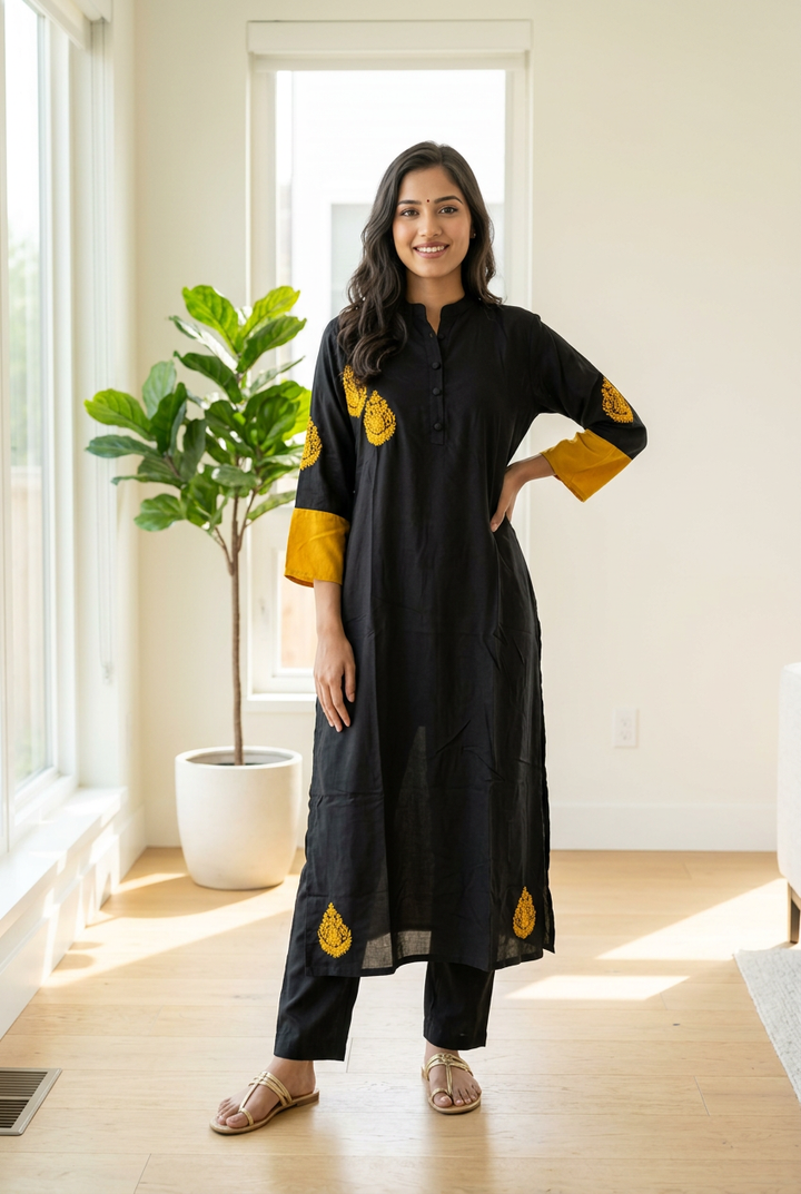Black Rayon Chikankari Kurta Pant Set-Custom Made