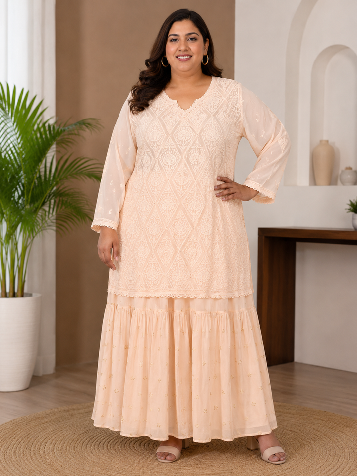 Peach Georgette Chikankari sharara set