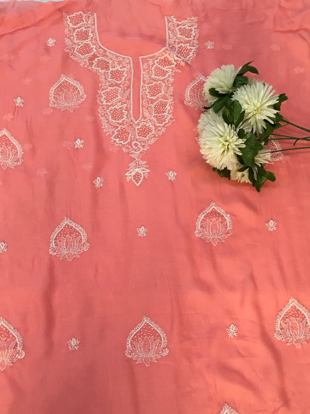 Peach Chikankari Kurta Dupatta Fabric