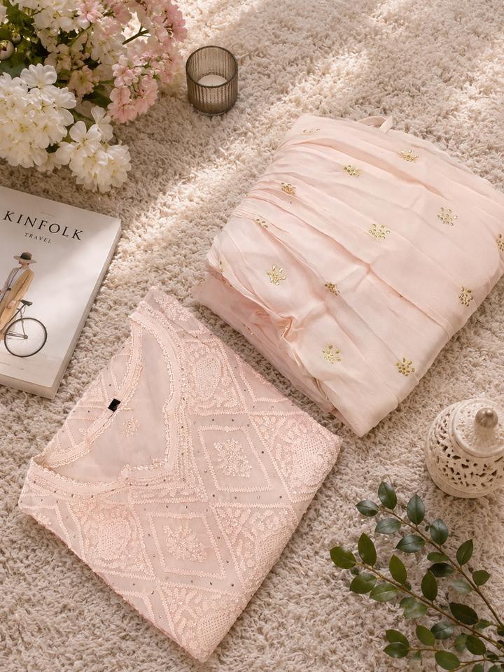Peach Georgette Chikankari sharara set
