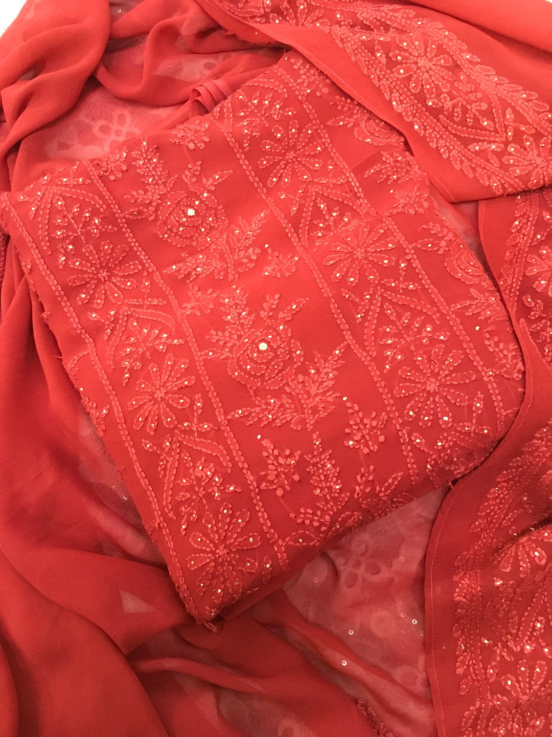 Red georgette Chikankari kurta duppata fabric