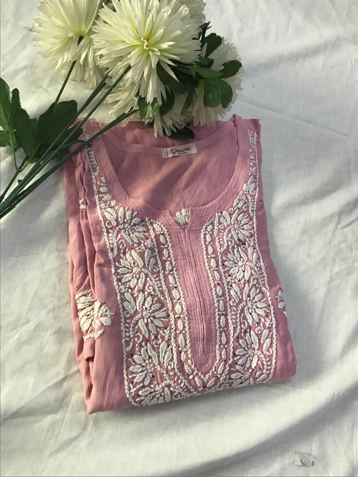 Pink Rayon Chikankari kurta pant set