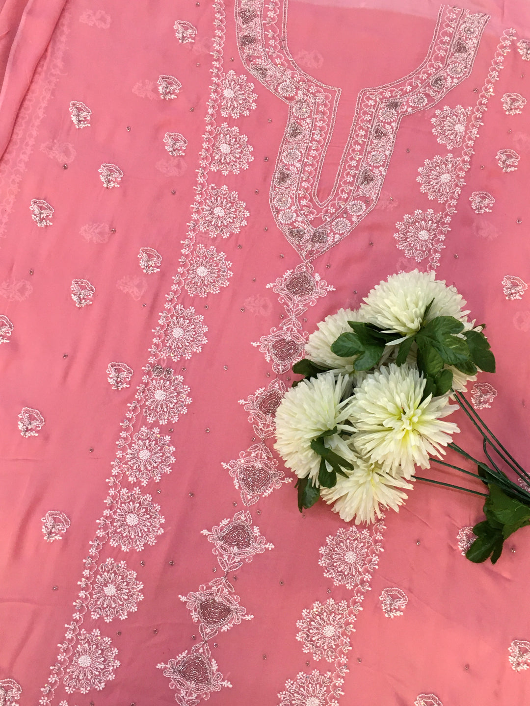 Onion Pink Rayon Chikankari Kurta Dupatta Fabric