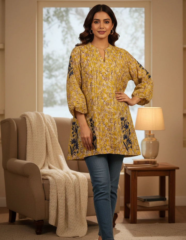 Mustard Printed Cotton Chikankari Short kurta