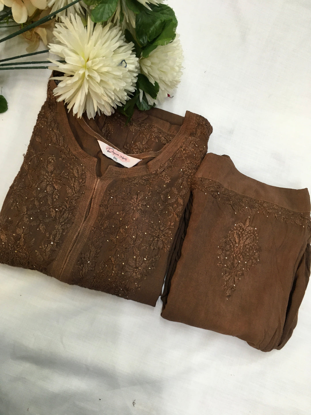 Brown Rayon Chikankari Kurta Set