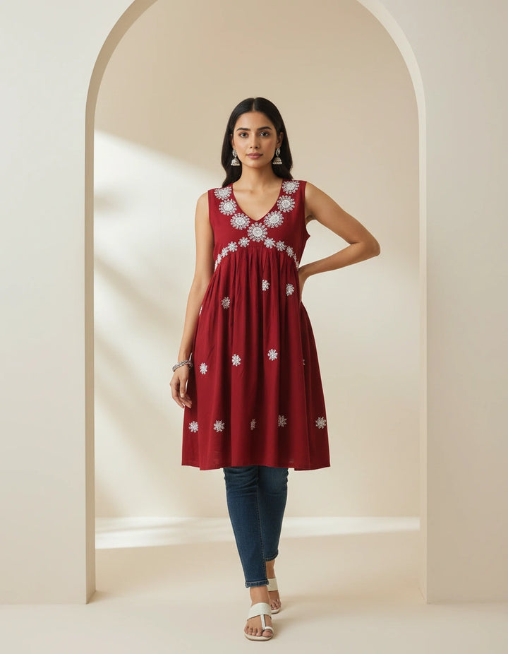 Maroon Rayon Chikankari Short kurta