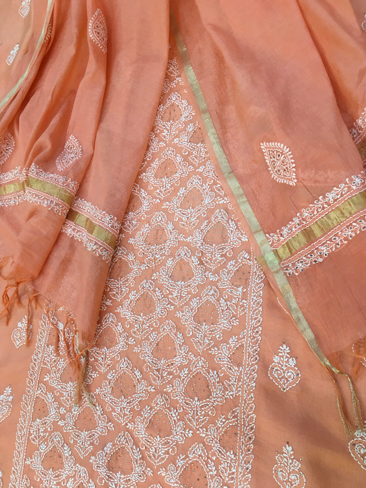 Orange Chanderi Chikankari kurta duppata Fabric