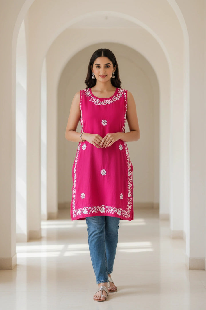Rani Pink Rayon Chikankari Short kurta