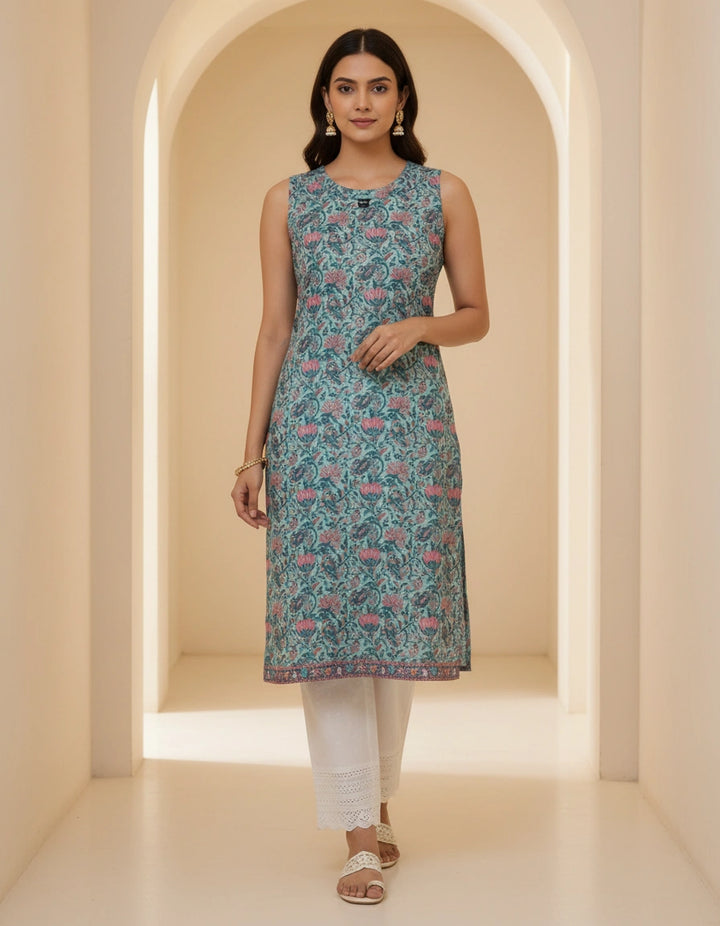 Sea Green Printed Cotton Short kurta