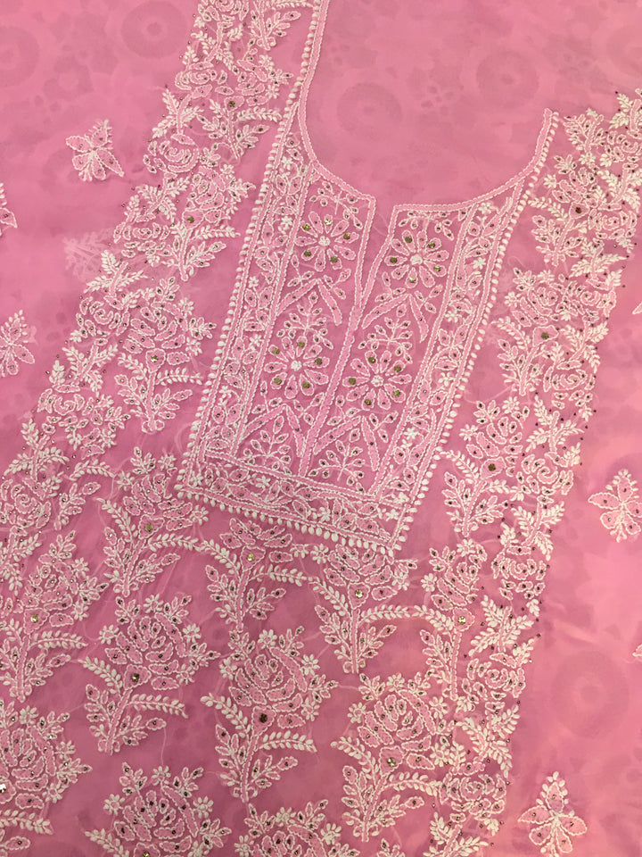 Pink rose organza Chikankari Kurta duppata fabric