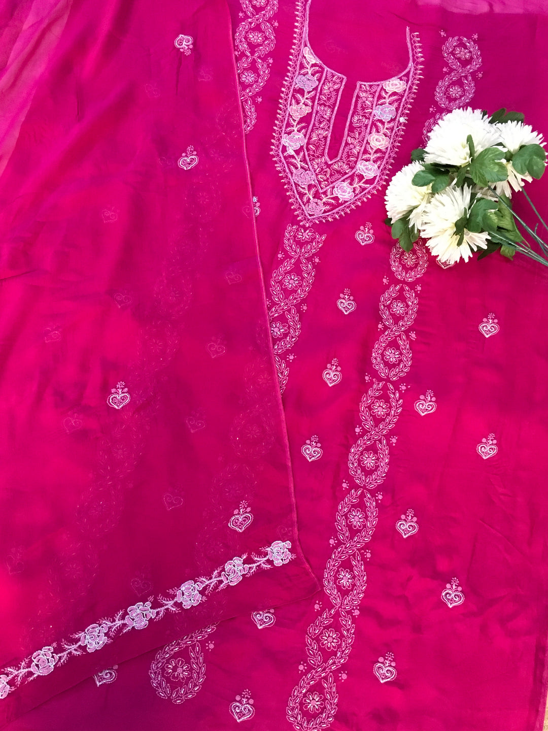 Rani pink Georgette Chikankari Kurta Dupatta Fabric