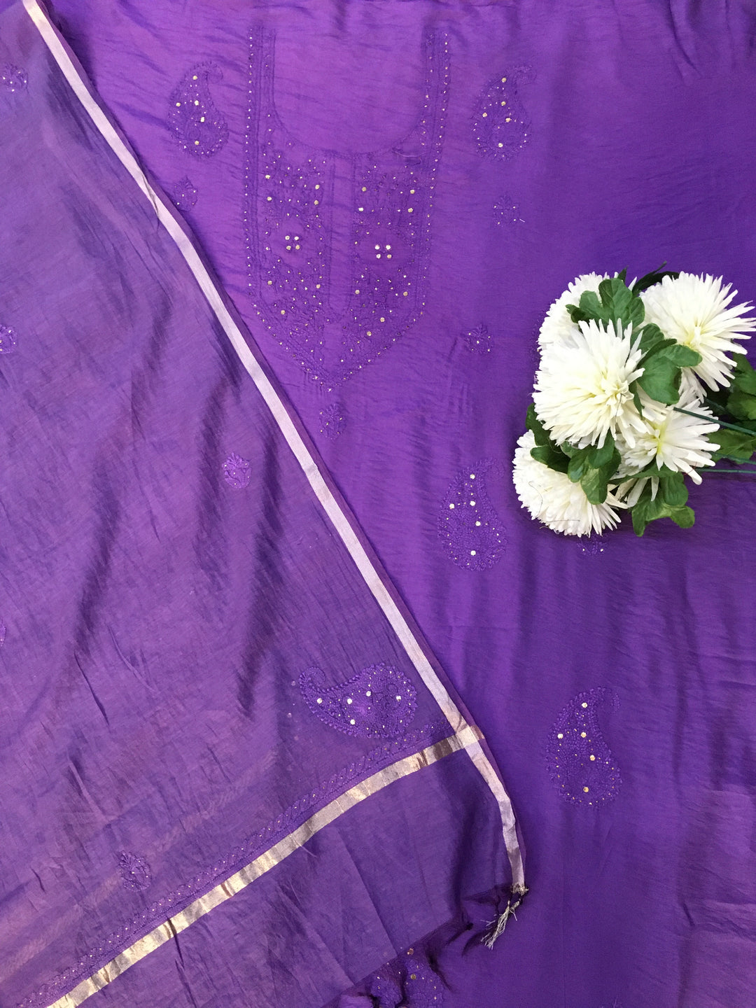 Purple Georgette Chikankari Kurta Dupatta pant Fabric
