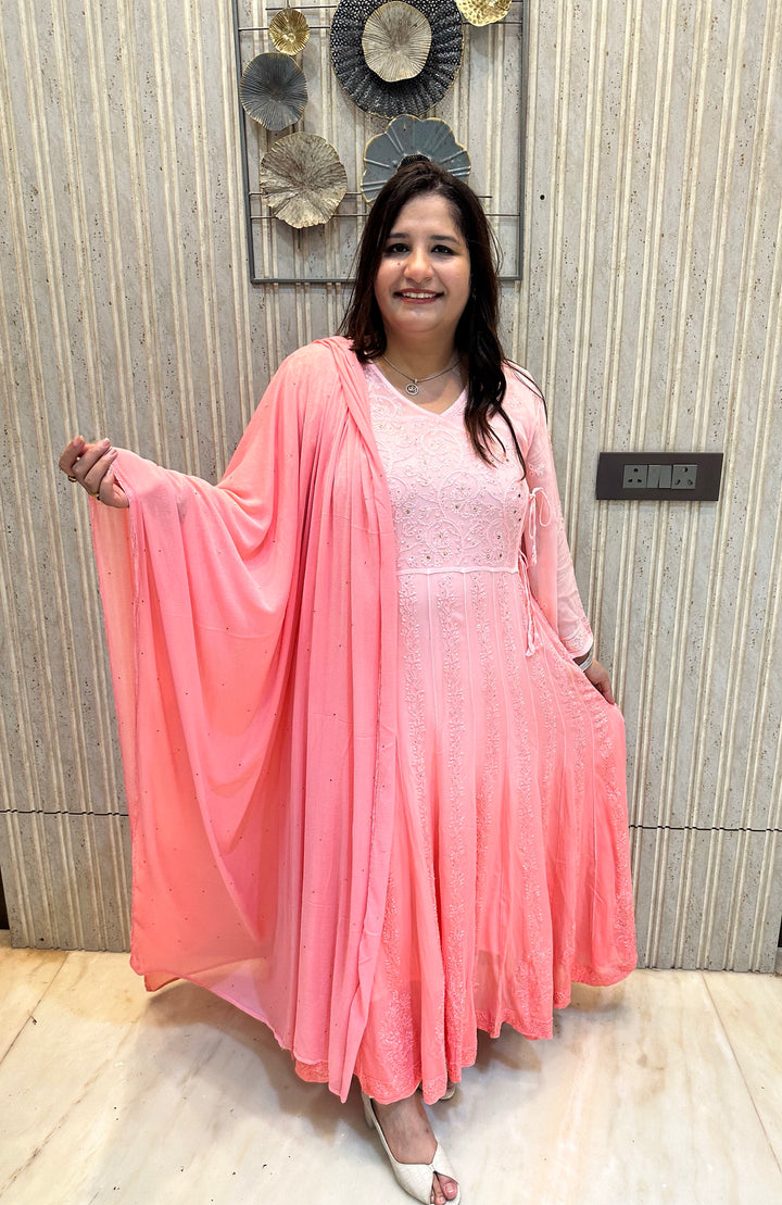 Peach Ombre Chikankari Georgette Anarkali Set-Custom Made