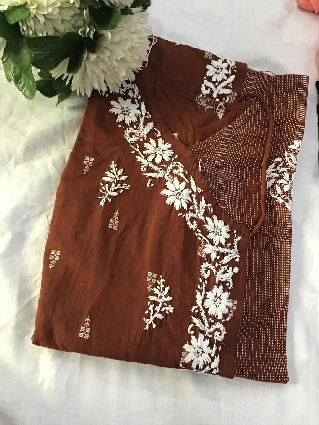 Brown cotton Chikankari Angrakha kurta
