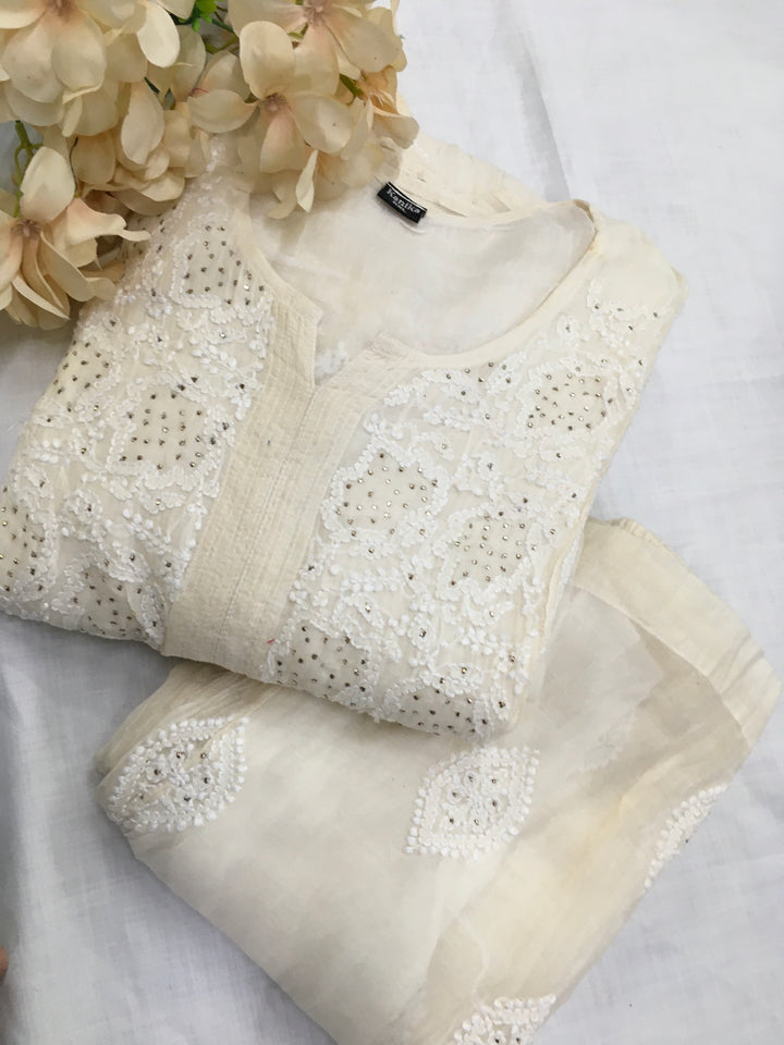 Off white Chanderi Chikankari A-line kurta set