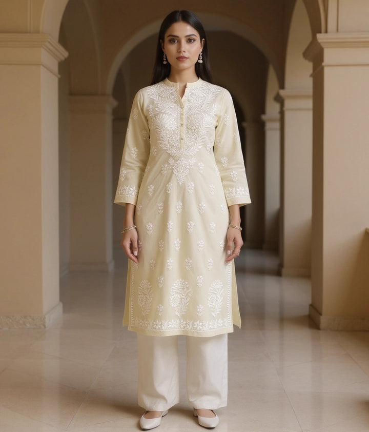 Light Yellow Cotton Chikankari kurta