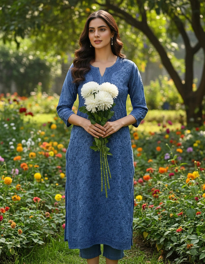 Navy Blue Silk Chikankari kurta