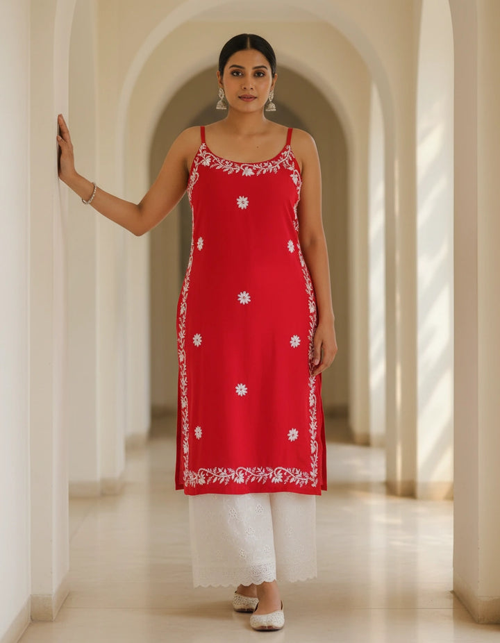 Red Rayon Chikankari Short kurta