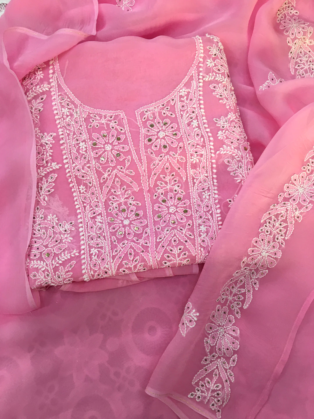 Pink rose organza Chikankari Kurta duppata fabric