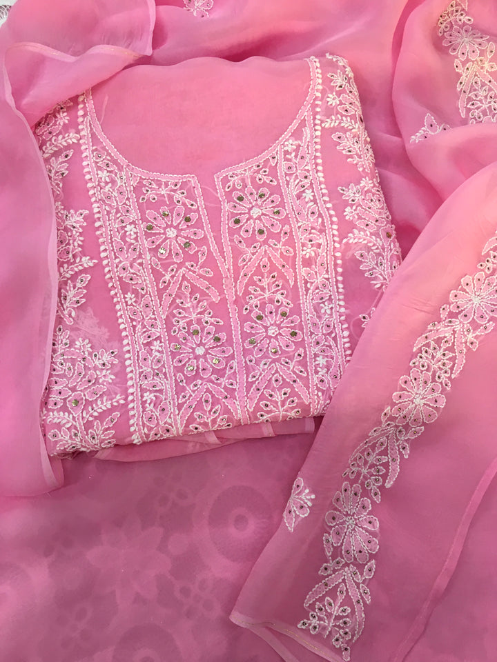 Pink rose organza Chikankari Kurta duppata fabric