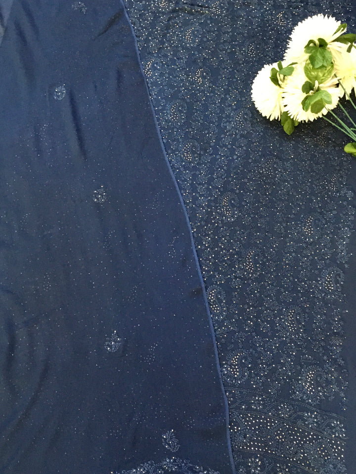 Navy Blue Georgette Chikankari Kurta Duppata Fabric