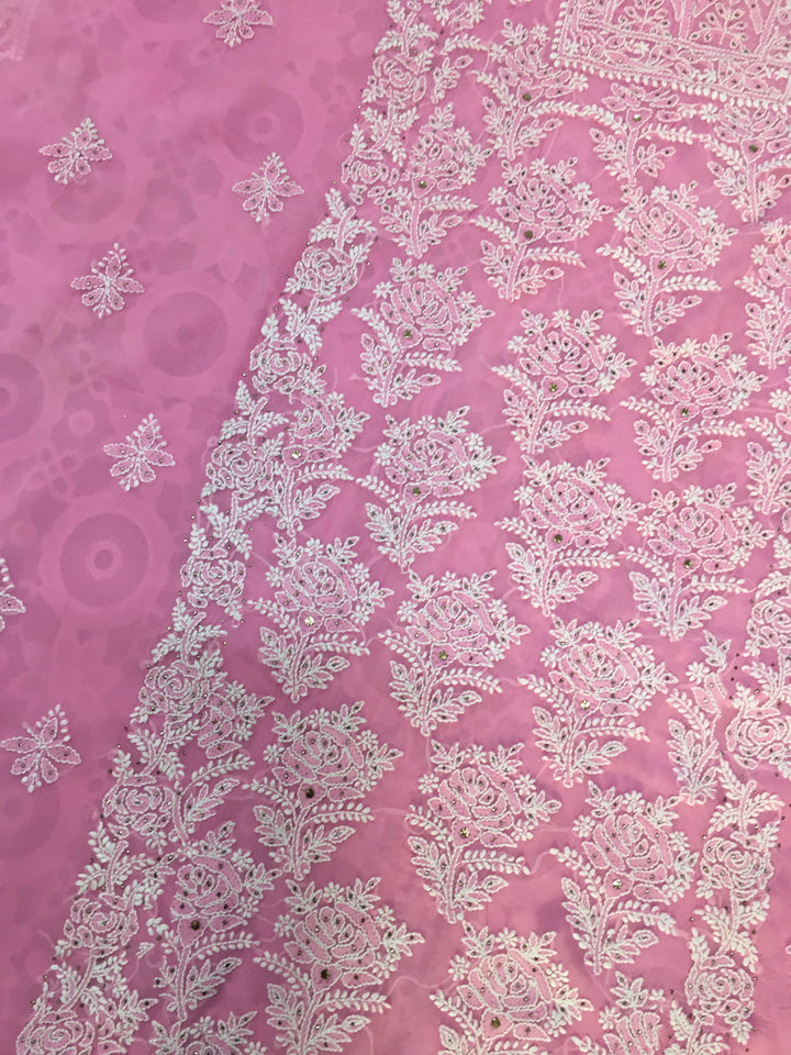 Pink rose organza Chikankari Kurta duppata fabric