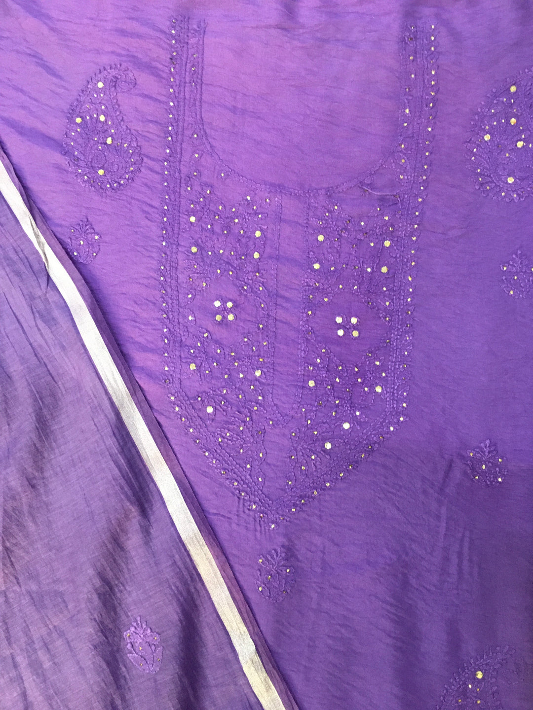 Purple Chanderi Chikankari Kurta Dupatta pant Fabric