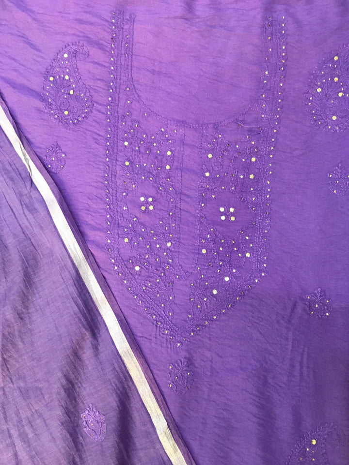 Purple Chanderi Chikankari Kurta Dupatta pant Fabric