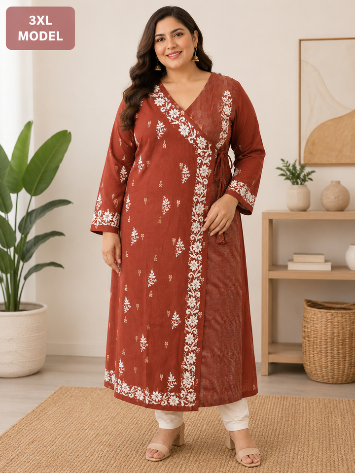 Brown cotton Chikankari Angrakha kurta