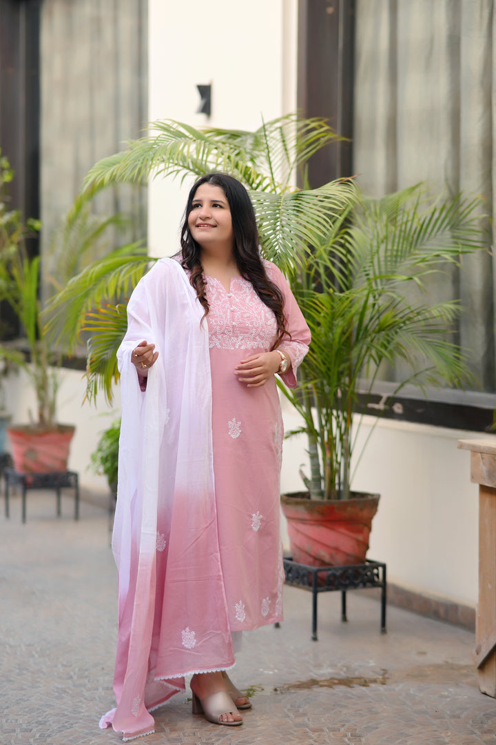 Mauve Ombre Mul Chikankari Dupatta -Custom Made