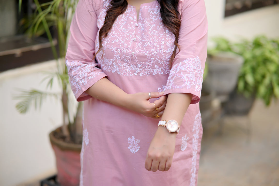 Mauve Cotton Chikankari Kurta-Custom Made